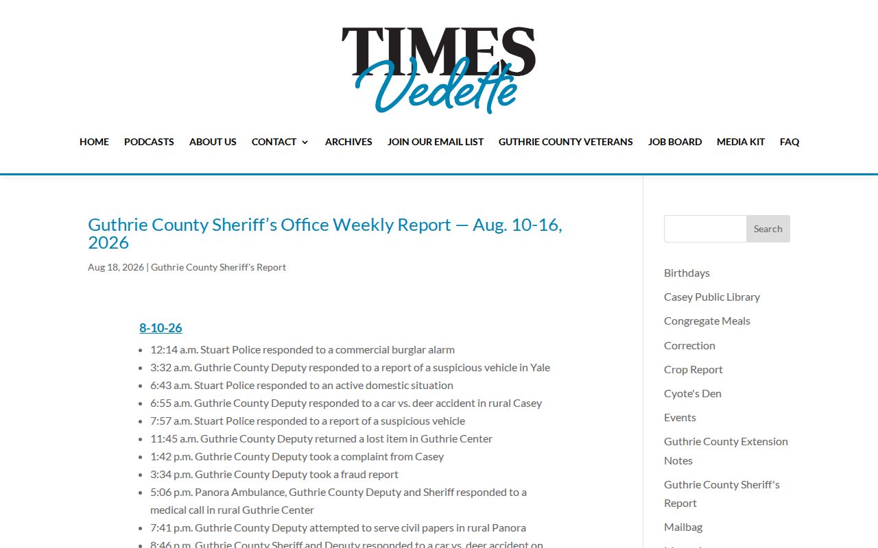 Guthrie County arrest news in the Times Vedette sheriff report archive